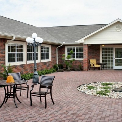 Brick courtyard with table and chairs