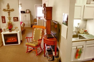 Living room and view of kitchenette